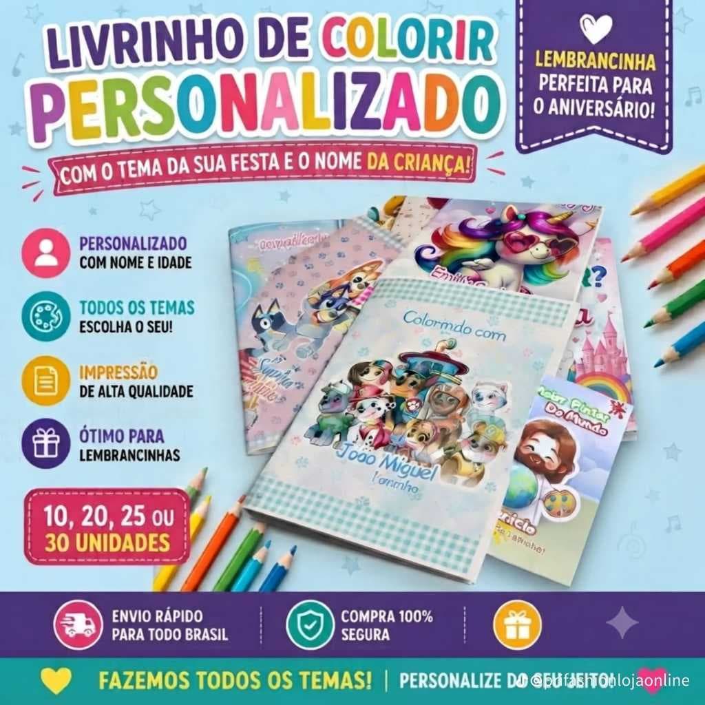 Kit Livros de Colorir Infantis Lembrancinha Festa Infantil Crianças Pintura e Desenho Personalizados Temas
