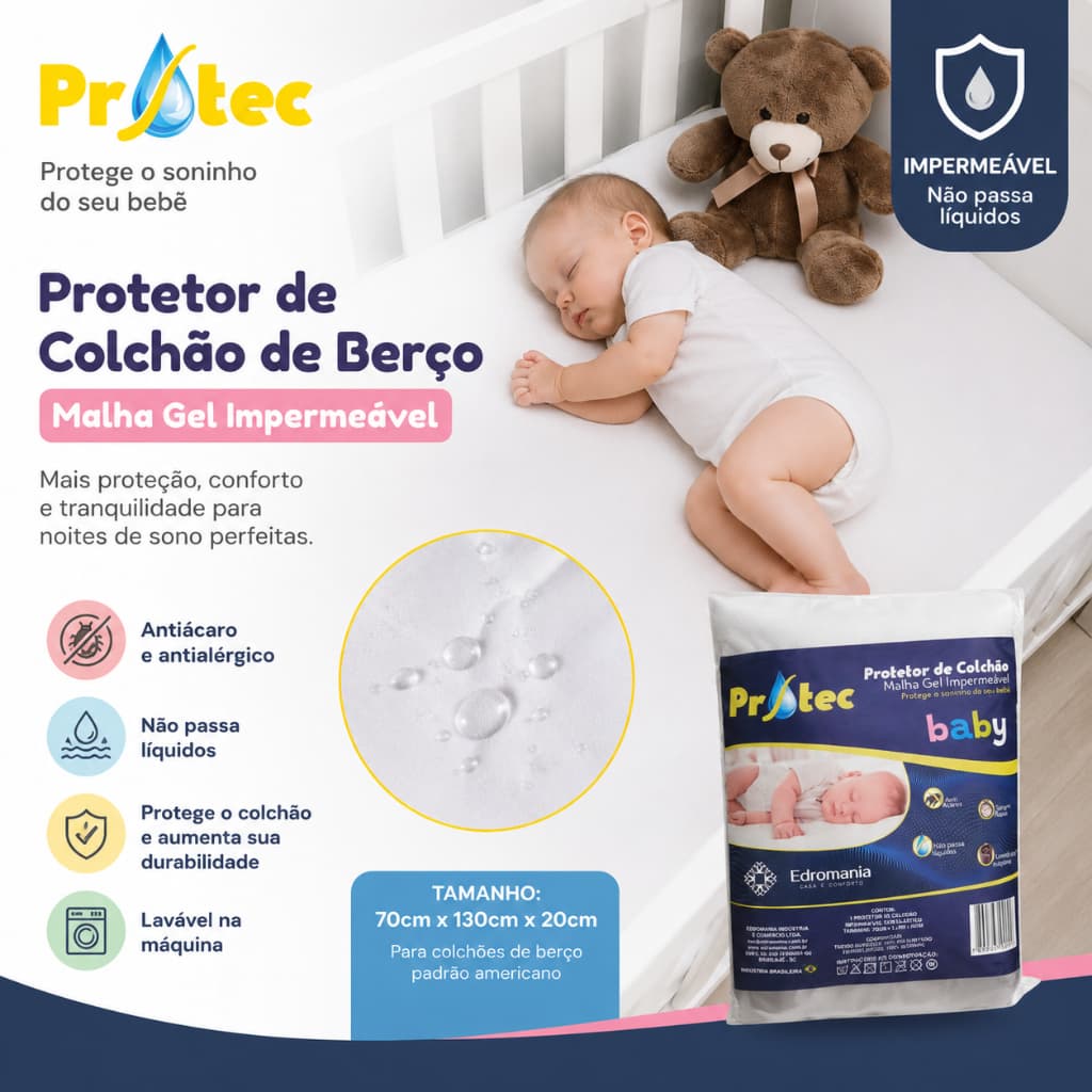 Protetor de Colchão Impermeável Berço Protec Baby Com Elastico Silencioso Não Esquenta Antialérgico Antiácaro Resistente