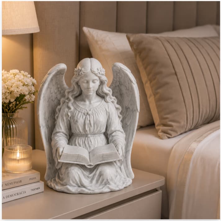 Escultura Anjo Decorativo com Livro e Asas |  Mármore ou Dourado | Decoração Elegante para Sala Quarto e Escritório 15cm