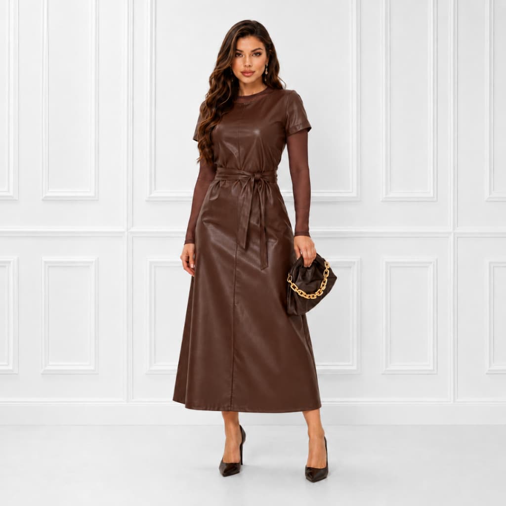 Conjunto Body Tule ou Renda Vestido Couro Longuete Manga Curta com Cinto Feminino Outono