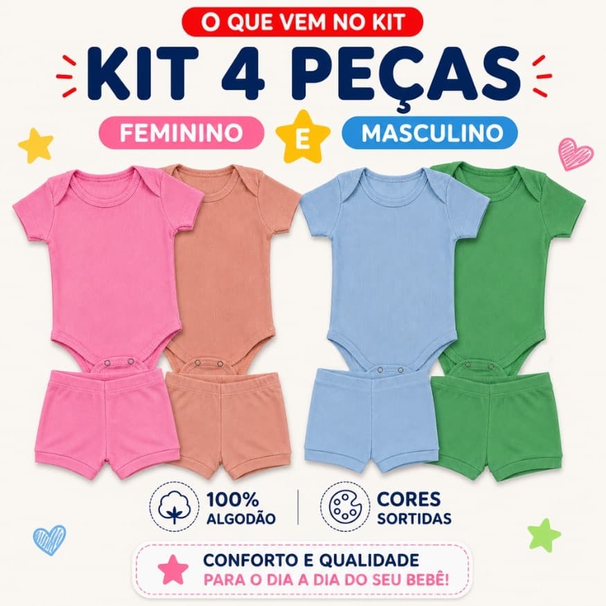 Kit 4 Peças Bebê Body + Short 100% Algodão Masculino e Feminino Conjunto Infantil