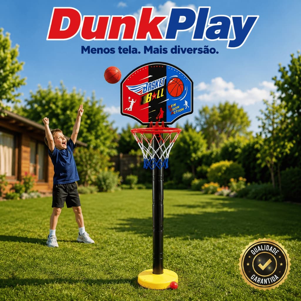 Kit Cesta de Basquete Infantil DunkPlay 118cm com Bola, Bomba e Suporte Ajustável
