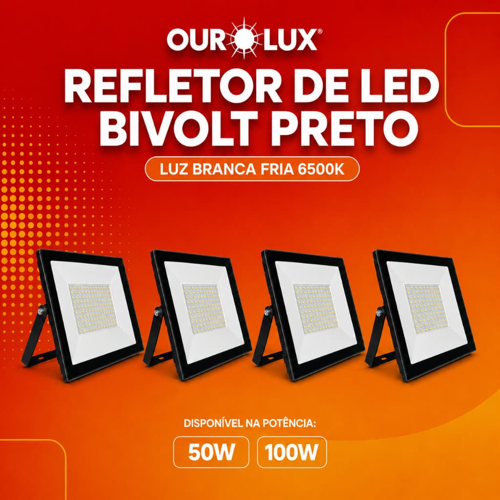 Kit 4 Refletor Superled 50W 100W 6500k Branca frio Prova d'Água Bivolt Preto Externo IP65 Ourolux