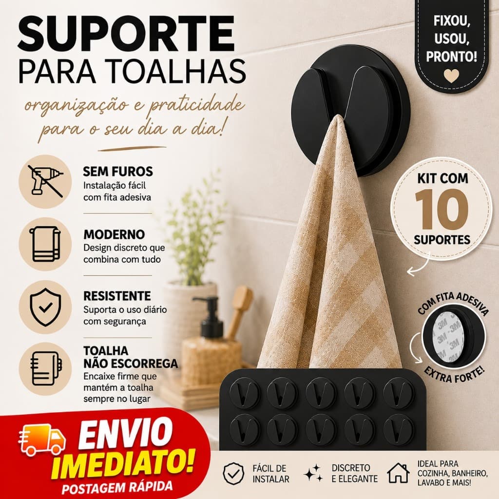 Kit 10 Suportes para Toalha Adesivo Sem Furo Porta Toalha Cozinha Banheiro Lavabo Gancho Autocolante