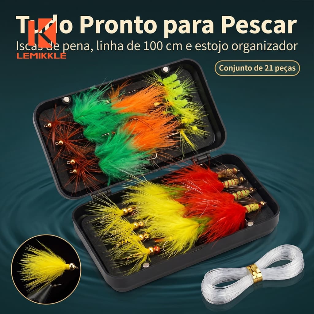 LEMIKKLE - Conjunto 21 Iscas Fly Fishing com Estojo, Isca de Penas Multicores para Pesca