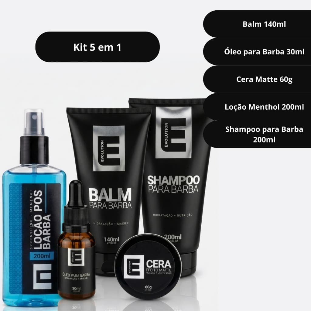 Kit Barba Evolution Masculino Balm Óleo Shampoo Loção Cera