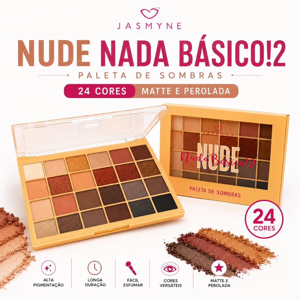 Paleta Sombras 24 Cores Nude Nada Básico Jasmyne Efeito Esfumado Côncavo Iluminado