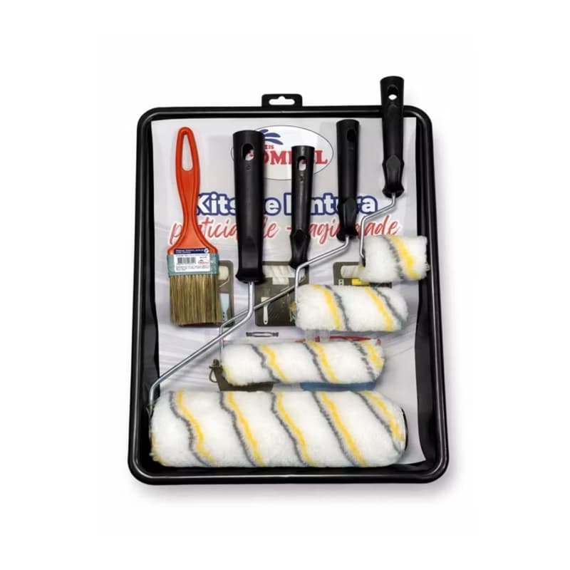Kit Pintura 7 Peças Compel Sem Respingo Rolos 23cm 15cm 9cm 5cm Pincel Bandeja