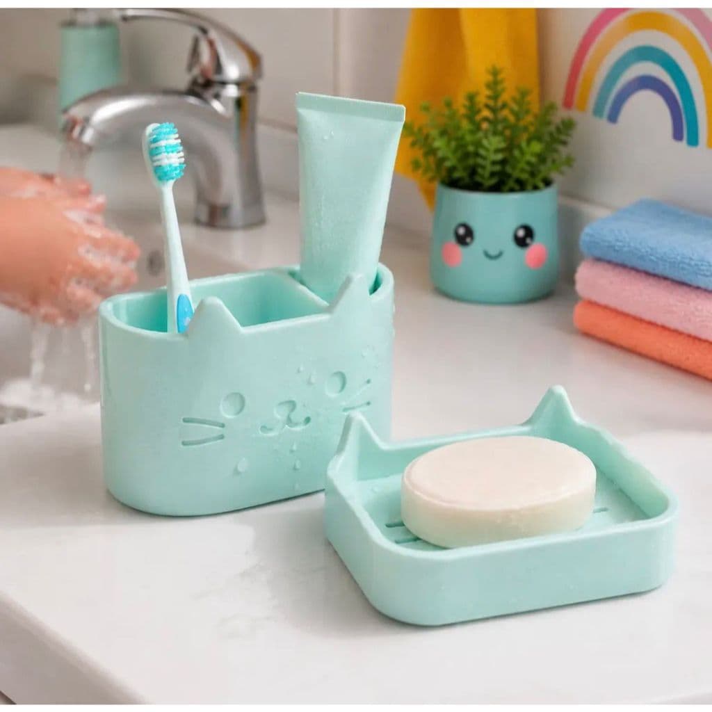 Kit Banheiro Gatinho Fofo 2 Peças - Porta Escova de Dente e Sabonete Pet Cat Organizador Pia Banheiro Decoração Kawaii
