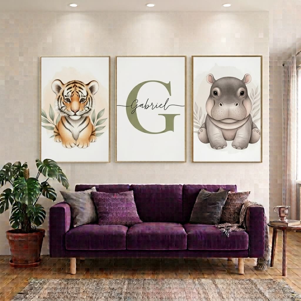 Kit 3 Quadros Safari 60x40 Personalizado Nome Tigre Hipopótamo Bebê Luxo