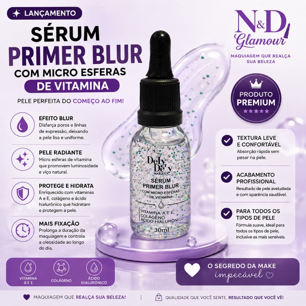 Sérum Primer Blur Dely Dely 30 ml – Microesferas de Vitaminas, Colágeno e Ácido Hialurônico