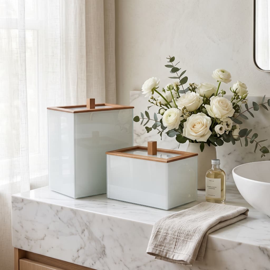 kit Banheiro Lixeira 6L Vidro com Tampa e Caixa Organizadora Multiuso Lavabo Linha Luxo