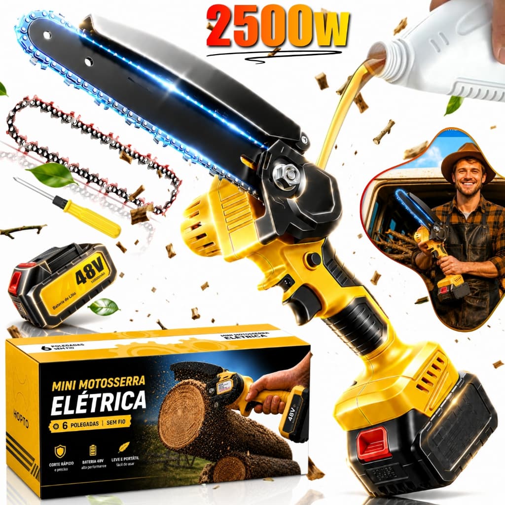 Mini Motosserra Elétrica Brushless 48V Sem Fio Recarregável para Poda