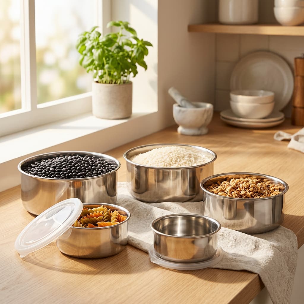 Conjunto kit 5 Potes Herméticos Inox Redondos c/ Tampa Organiza alimentos Cozinha armazenamento