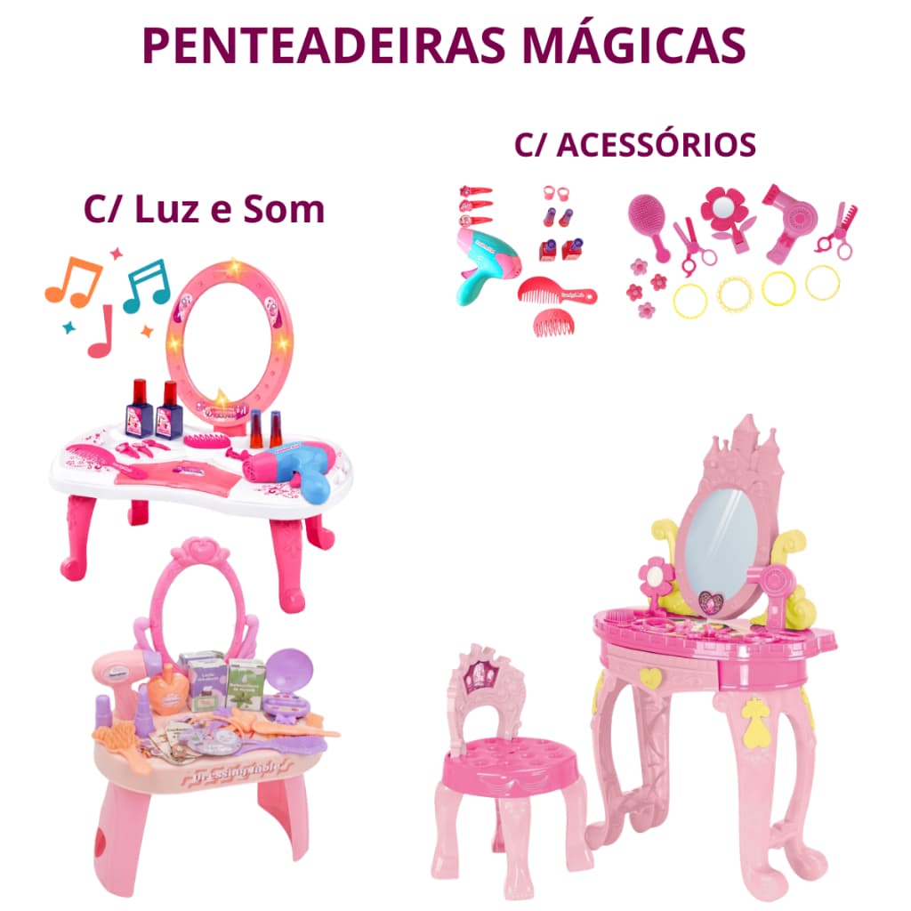 Kit Salão Penteadeira Infantil Brinquedo Acessórios + Banquinho Com Luz e Som