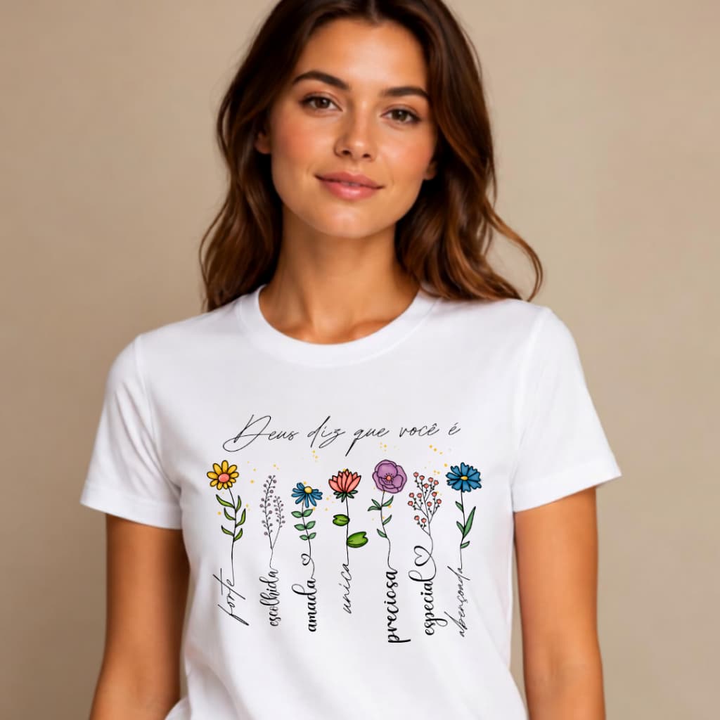 Camiseta Cristã Personalizada Feminina – Deus Cuida de Nós