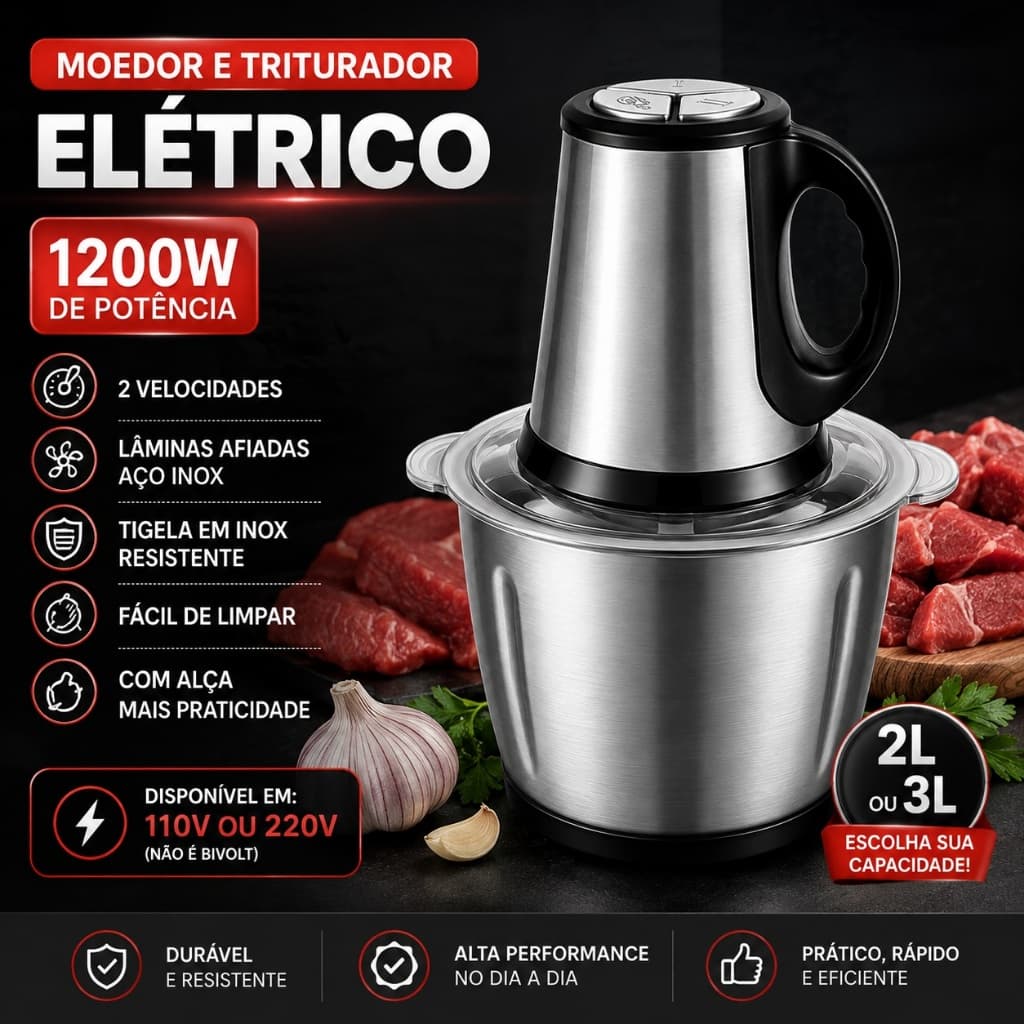 Moedor de Carne Elétrico 1200W 2L 3L Inox Triturador Processador de Alimentos 110V 220V com Alça