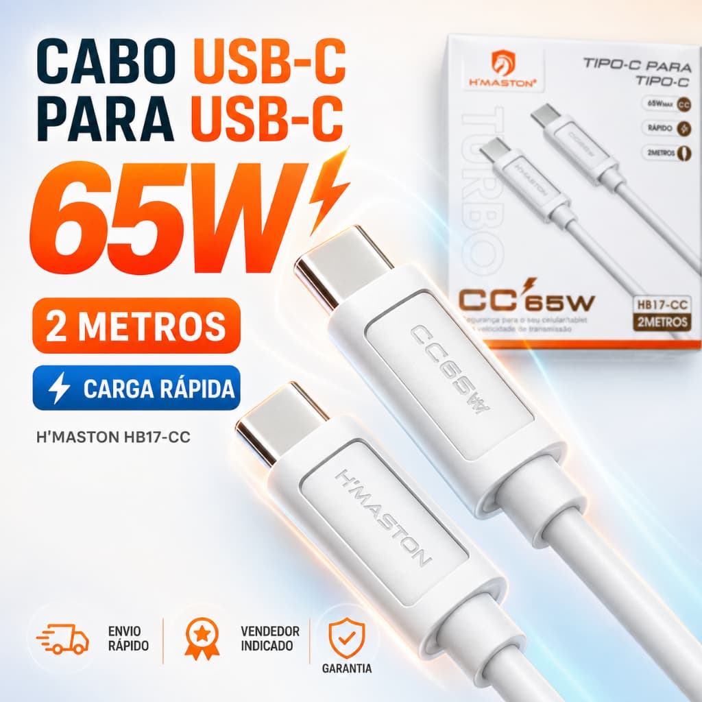 Cabo Carregador USB-C para USB-C 65W H’Maston 2 Metros Carga Rápida PD Tipo-C HB17-CC