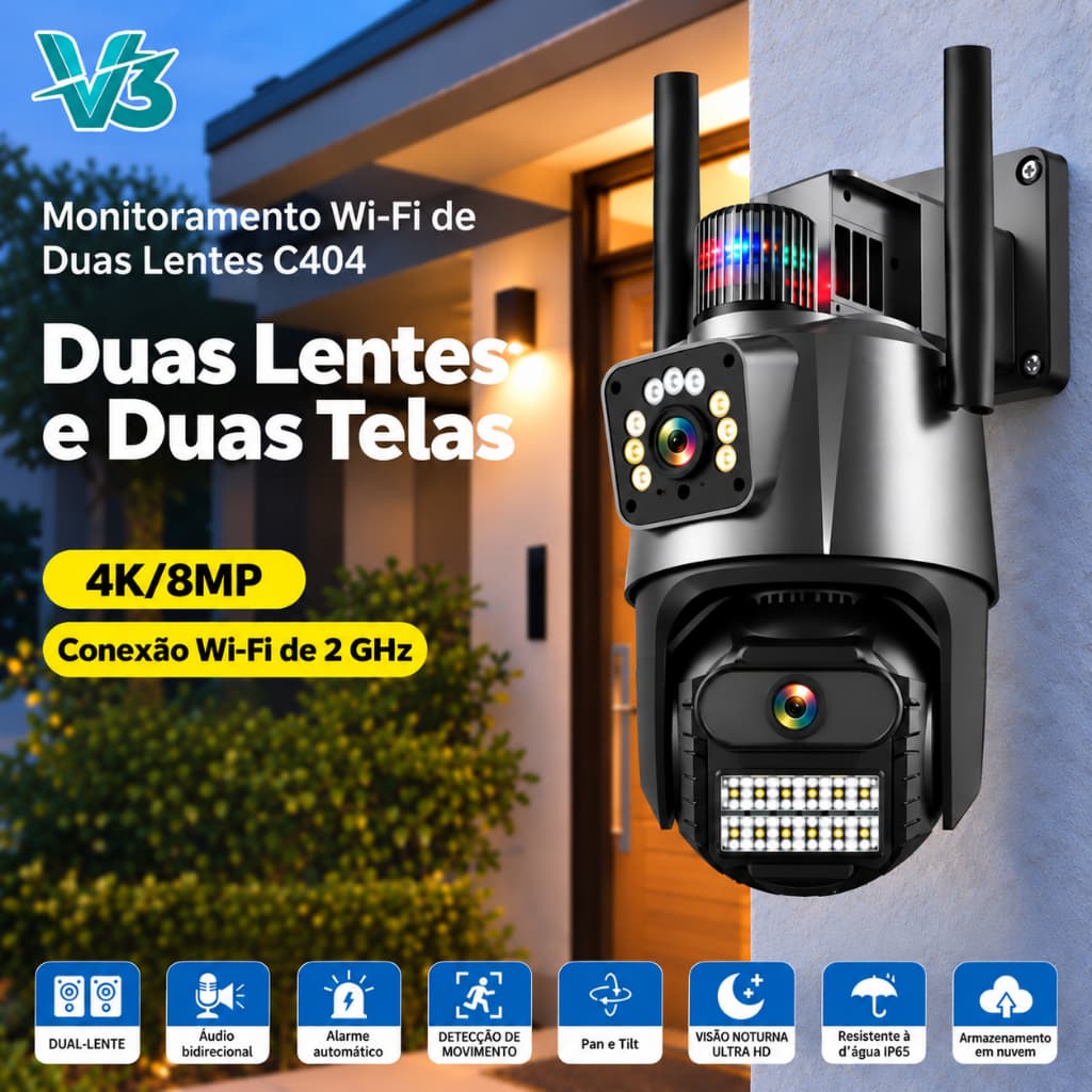 V3 C404 Câmera De Segurança Ip 4K 8MP Prova D'água ,PTZ de Lente Dupla com Alarme de Luz Policial