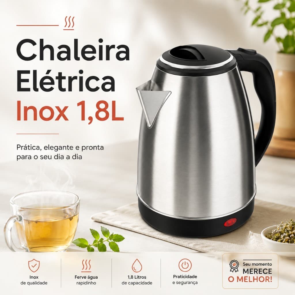 Chaleira Elétrica Inox 1.8 Litros 110V Desligamento Automático Aquecimento Rápido Jarra Água