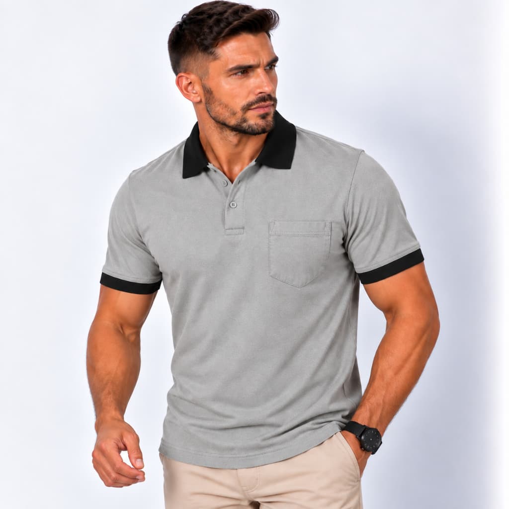 Camisa Polo Masculina Cinza Alumínio Básica com Bolso 100% Algodão Casual