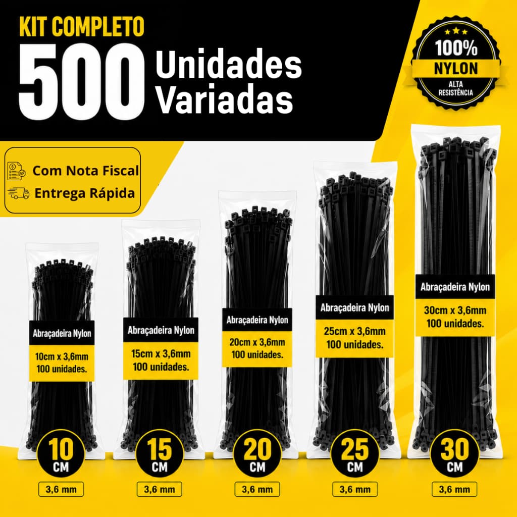 Kit 500 Abraçadeira Nylon Hellermann Presilha Plástica Preta Enforca Gato 10cm 15cm 20cm 25cm 30cm