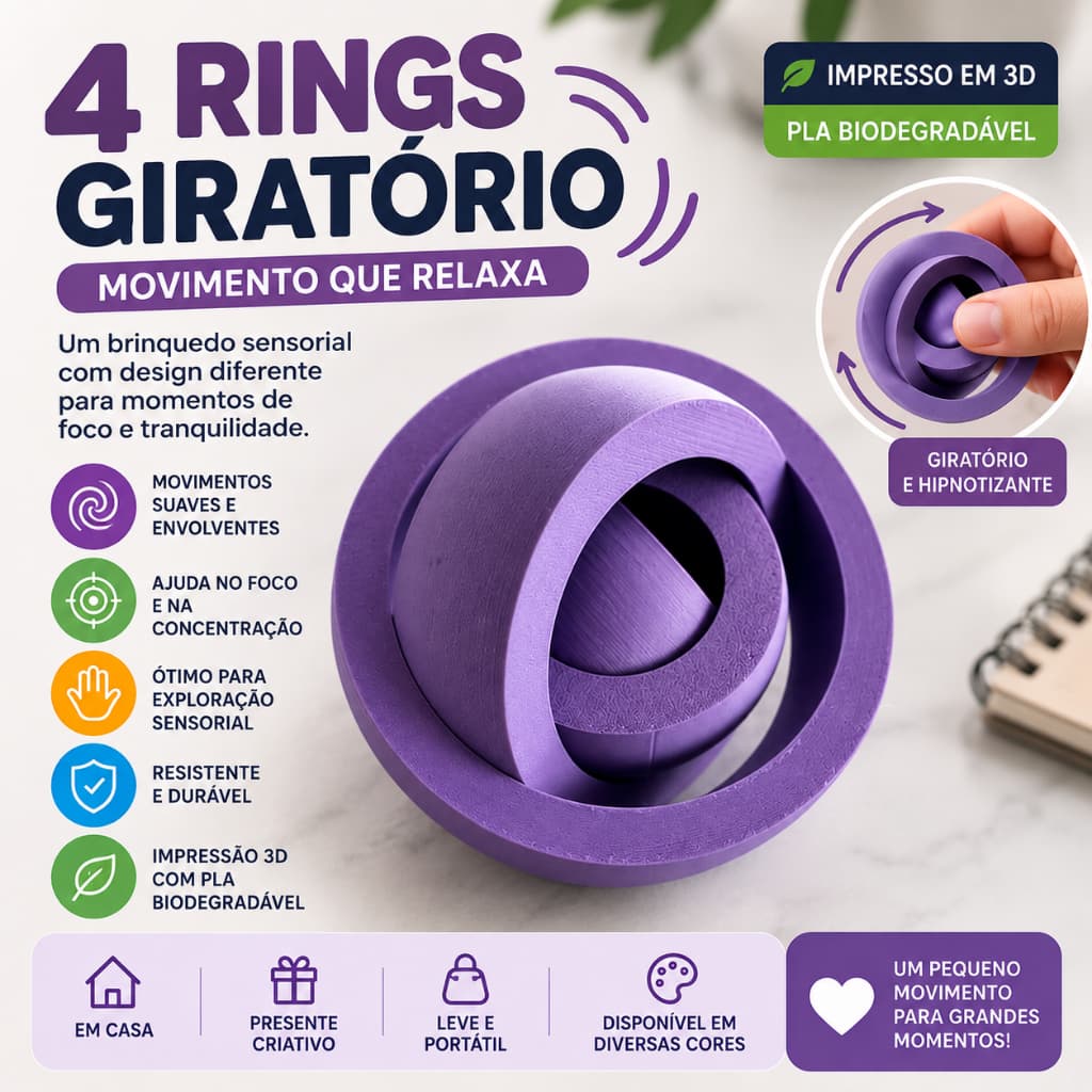 Fidget Gyro 4 Anéis Brinquedo Sensorial Anti Estresse Giratório 3D