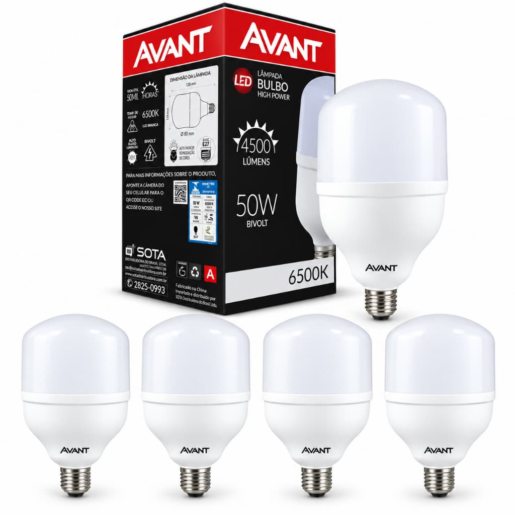 Kit 5 Lâmpada 50w Led Bulbo Branco Frio Avant Luz Branco-frio