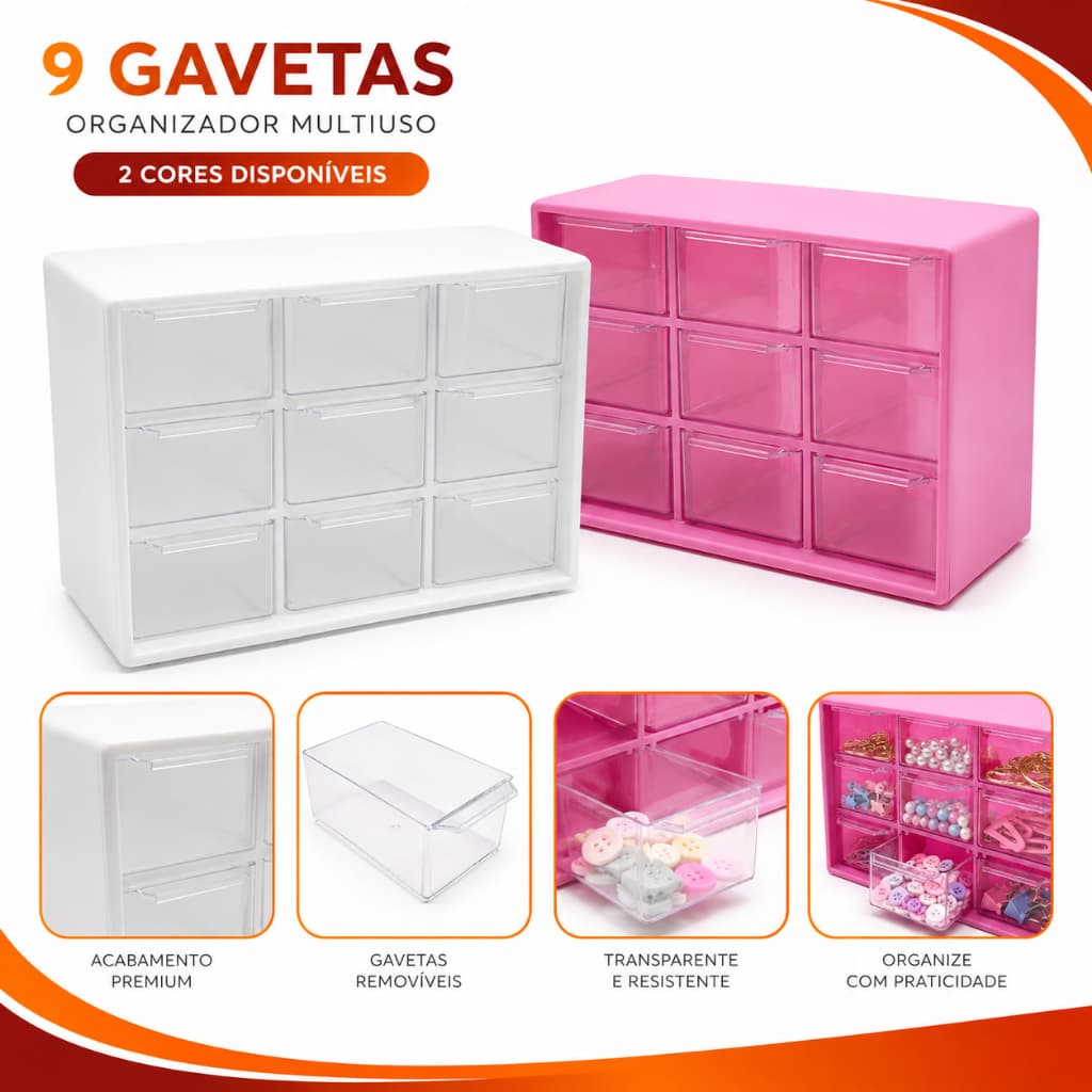 Mini Gaveteiro Organizador 9 Gavetas 18x9,5cm Plástico para Miçangas Bijuterias Joias Papelaria Maquiagem e Acessórios
