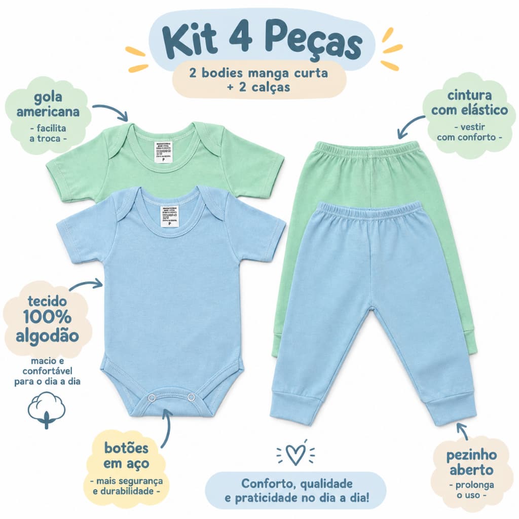 Kit 4 Peças Body Manga Curta + Calça Bebe 100% Algodão Infantil