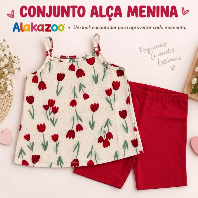 Conjunto Infantil Menina Alakazoo Blusa de Alça Estampada + Shorts Vermelho Tamanho 4 ao 10