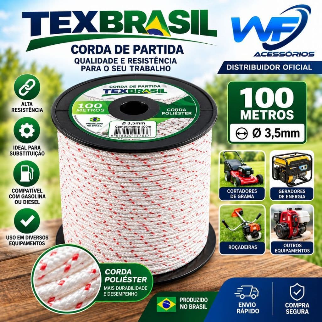 Corda de Partida TexBrasil 3,5mm 100m Poliéster para Roçadeira Gerador Motor e Motosserra