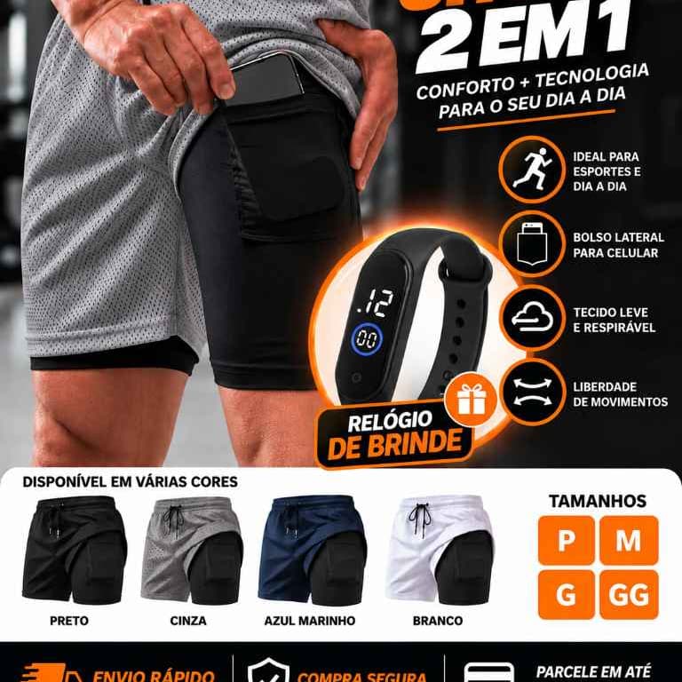 Short Para Treino Bermuda 2 em 1 Roupa Para Academia Masculina Short Dry Fit + Relógio Brinde Short Com Bolso