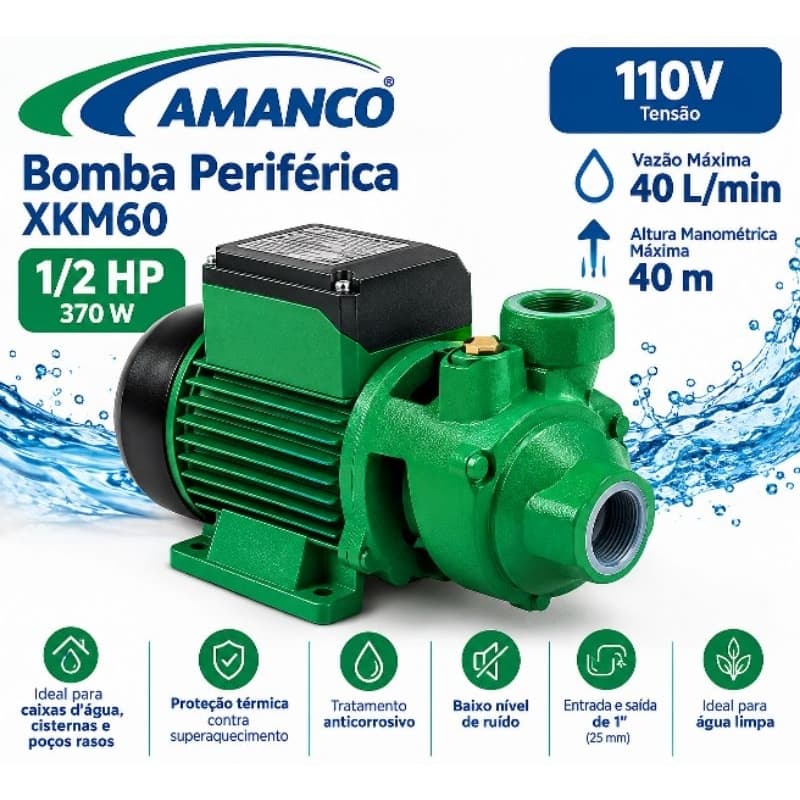 Bomba D'Água Periférica Amanco XKM60 1/2 HP 110V 40L/min Poço Cisterna