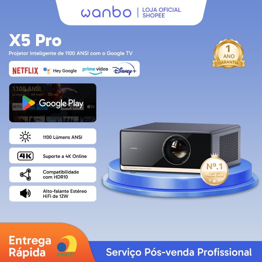 [NEW] Projetor Inteligente 4K Wanbo X5 Pro Netflix Oficial 1100 ANSI Google TV Silencioso 26dB ASA3.0 Cinema em Casa