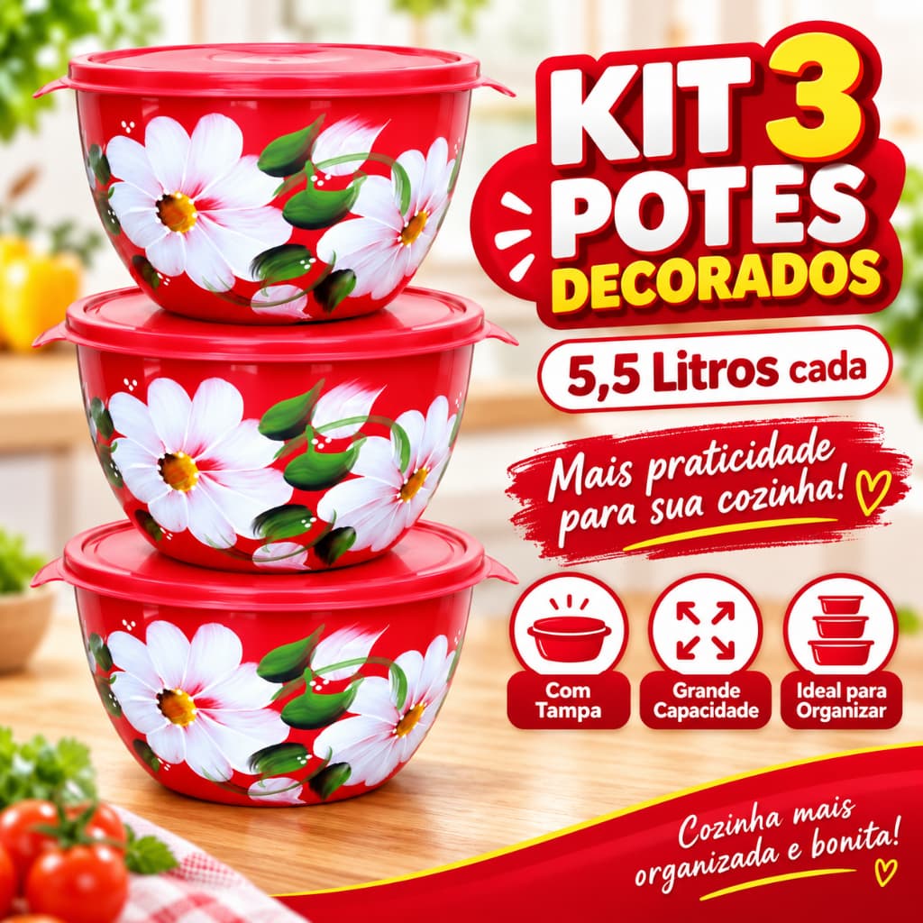 Jogo 3 Bacias De Plástico 5,5 Litros Decoradas Com Tampa Gigante bowls
