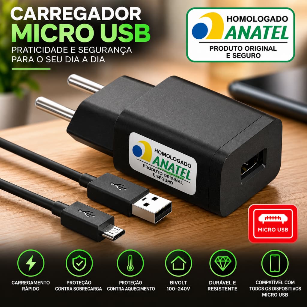 Carregador Entrada V8 Completo Cabo e Fonte Turbo 50W V8 Micro-USB Cabo Reforçado Para Celular e Tablet Android