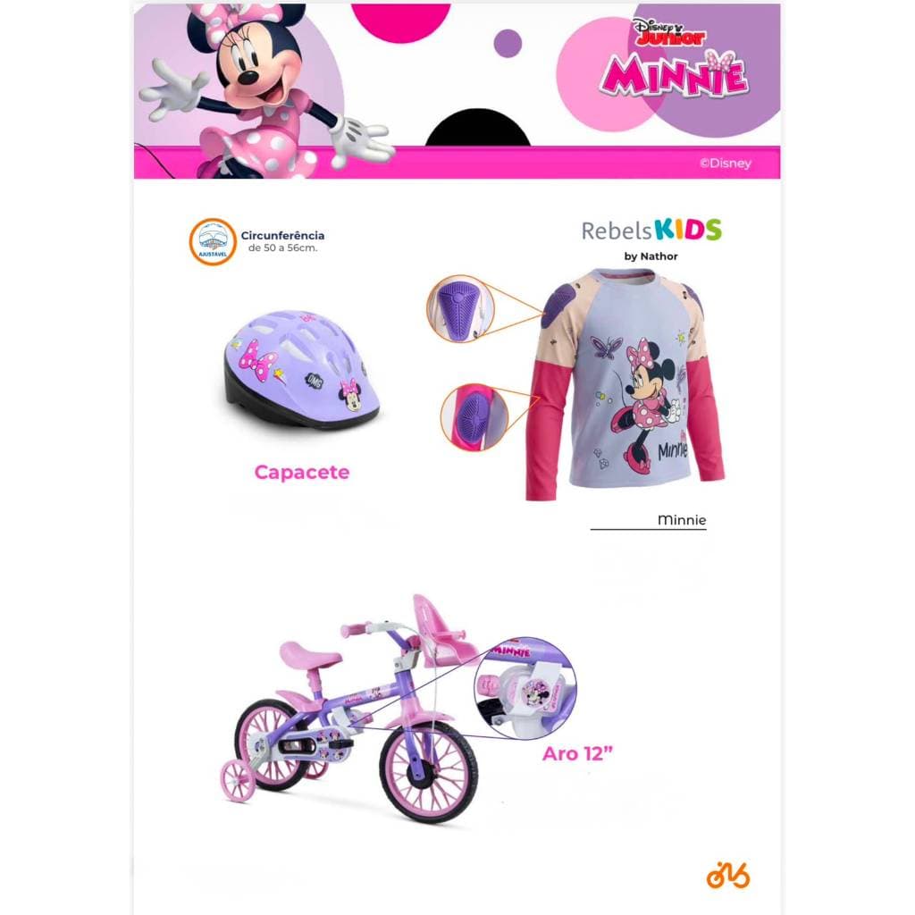 Kit Bicicleta Aro 12  Minnie completo com capacete e camiseta proteção infantil menina - Nathorr