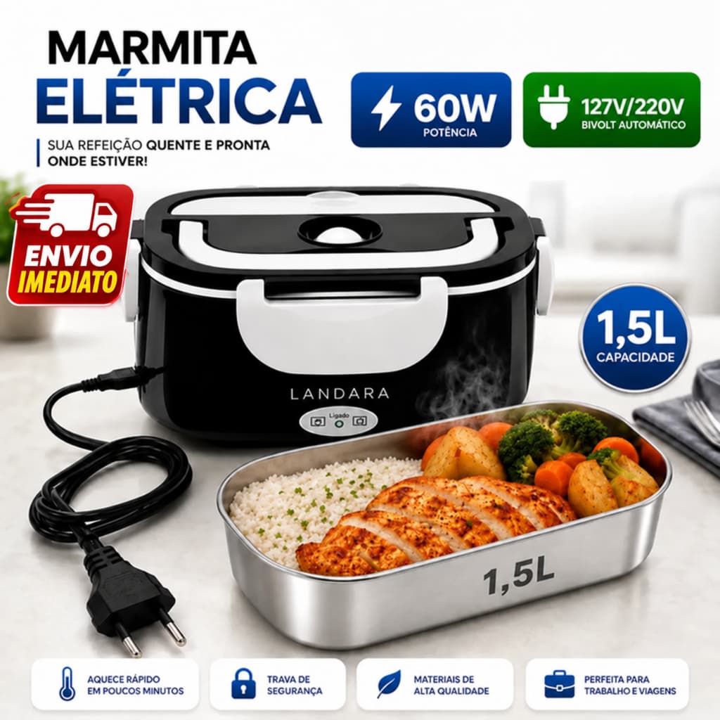 Marmita Eletrica Termica Lancheira Portatil Inox 1,5 Litros Trabakho Escritorio Home Ofice Bivolt 60W Mais Potente