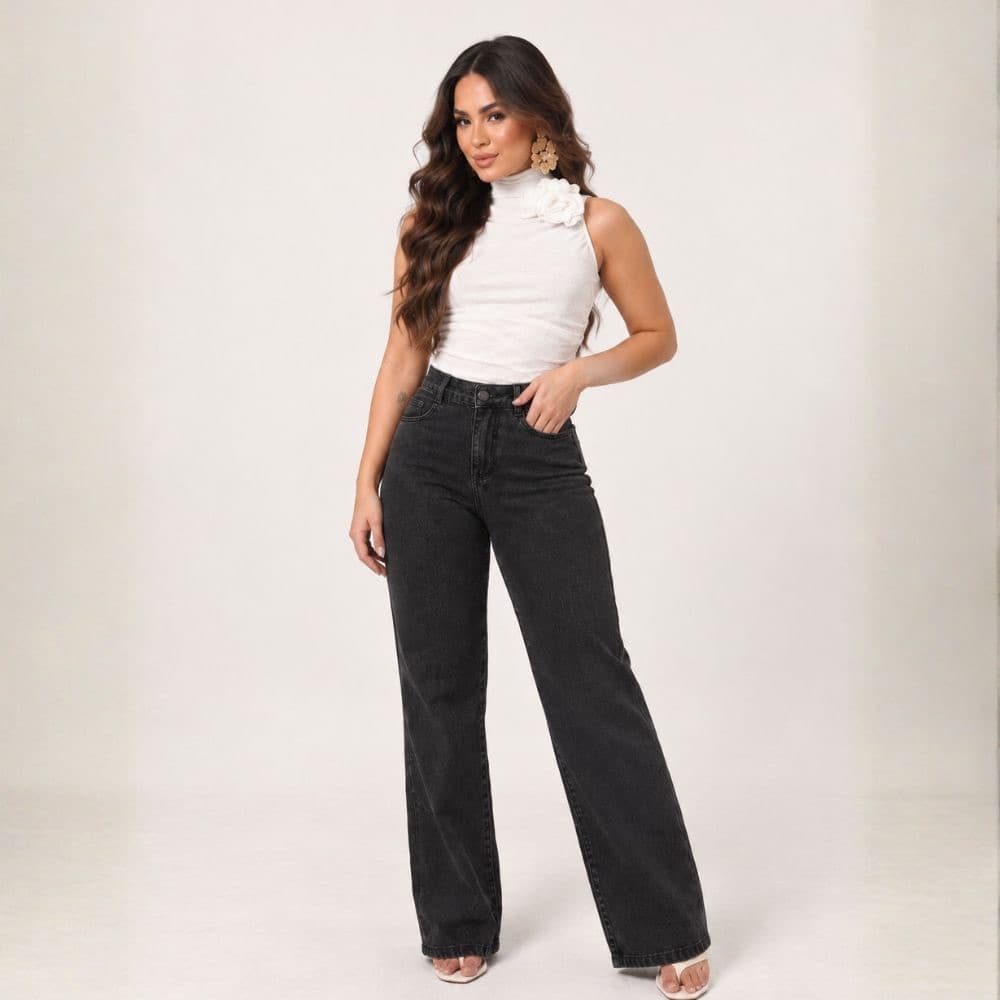 Calça Jeans Feminina Wide Leg Pantalona Cintura Alta Jeans Escuro Preto Premium Cos Alto Boca Larga Moda Feminina