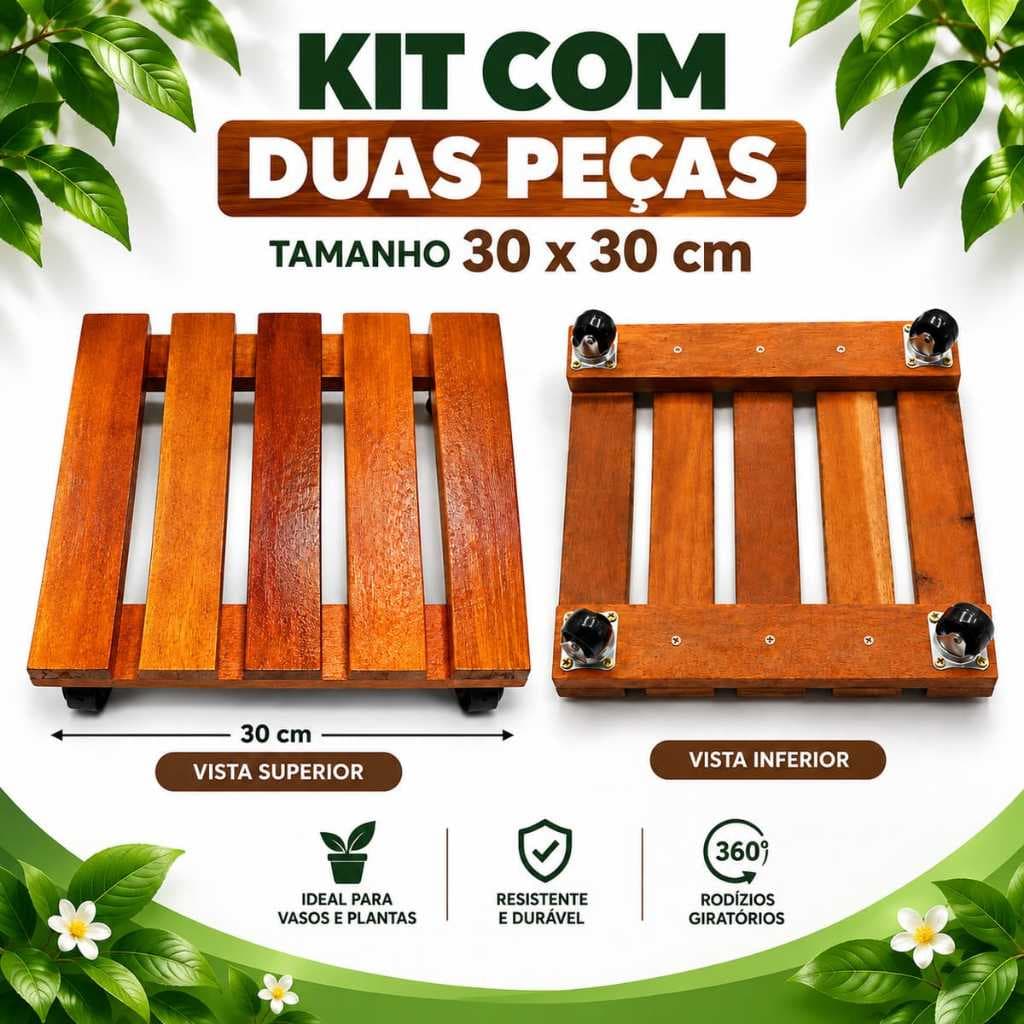 Kit 2 Suportes Para Vasos De Plantas 30x30 cm Quadrado com Rodinhas