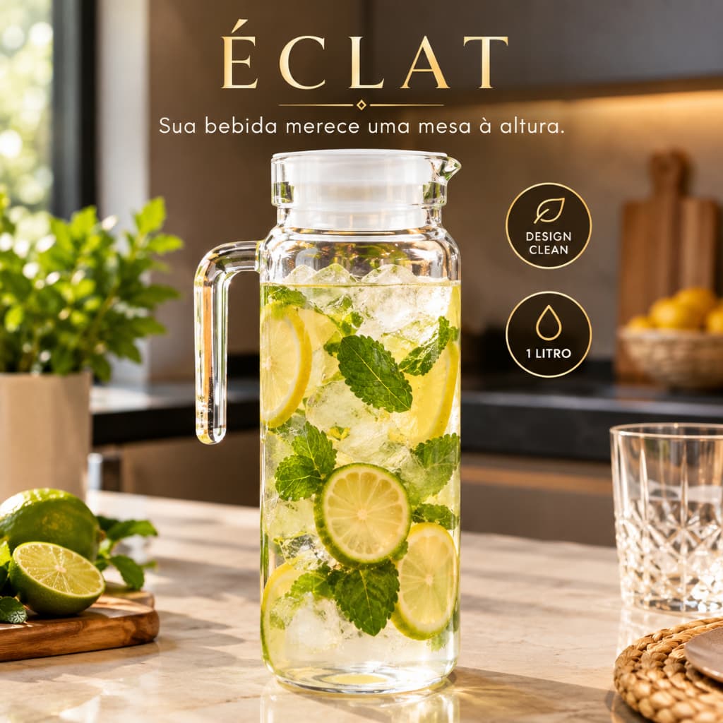 Jarra de Vidro 1 Litro Transparente Redonda ÉCLAT | Jarra para Água, Suco e Chá | Design Clean para Cozinha e Mesa