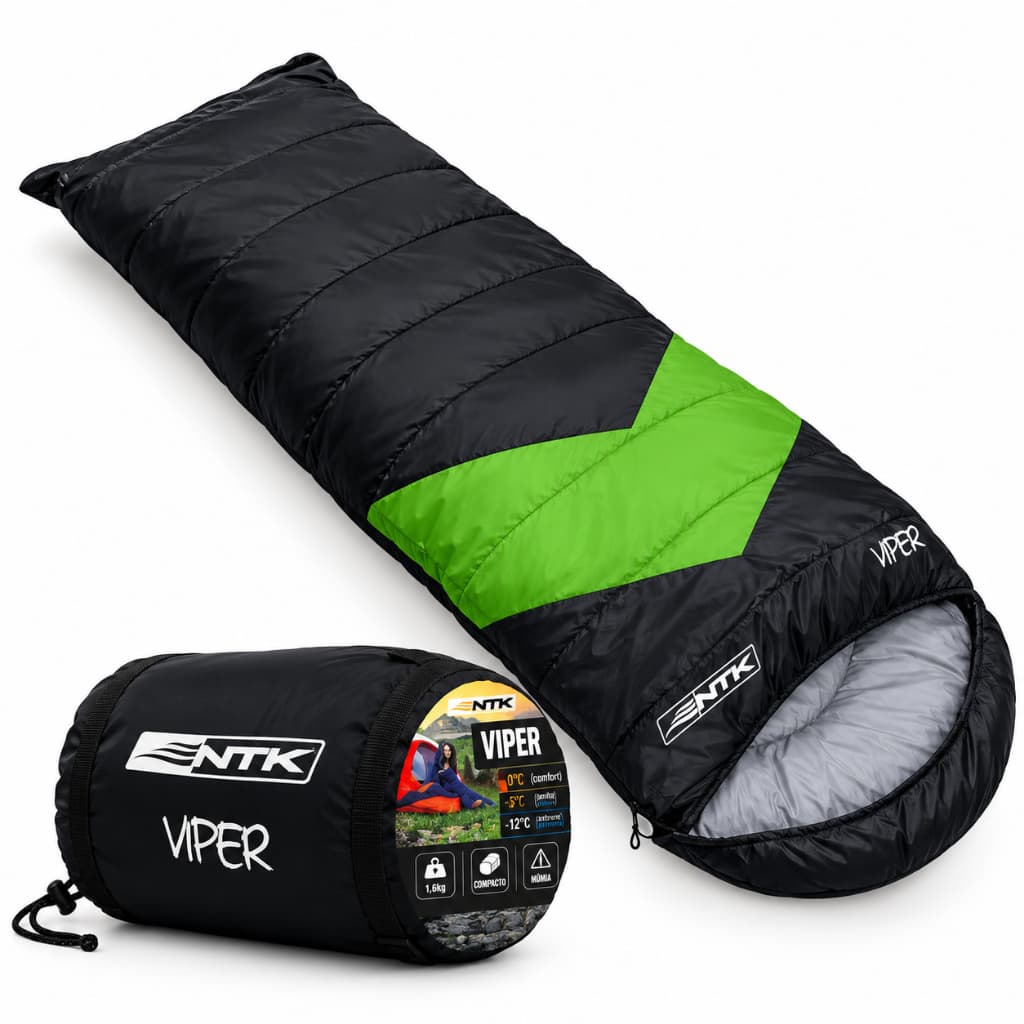 Saco De Dormir Nautika Saco Camping Com Capuz 2mx70cm Viper 5ºc A 12ºc Preto E Verde
