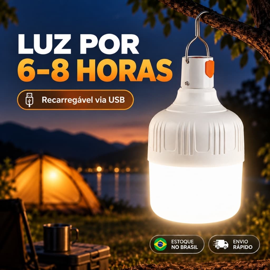 Lâmpada LED Recarregável para Camping e Pesca USB 3 Modos 6-8H com Gancho Portátil