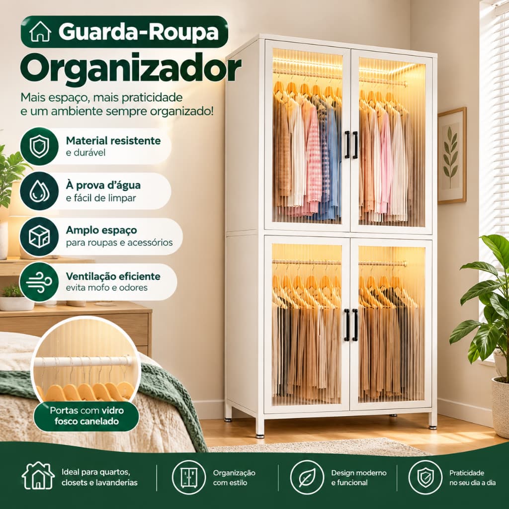 Guarda-Roupa 4 Portas com Vidro Canelado, Armário Organizador para Roupas, Closet, Grande Espaço, Moderno e Prático