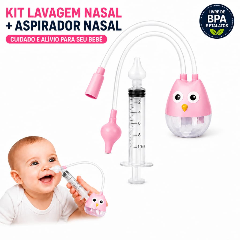 Kit Lavagem Nasal Infantil Bebê Aspirador Sugador Meleca + Seringa Lavador Nariz Bico de Silicone