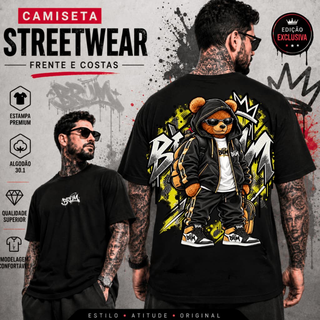 Camiseta Masculina Casual Estampa Urso Blusa Streetwear 100% Algodão Premium Envio Imediato