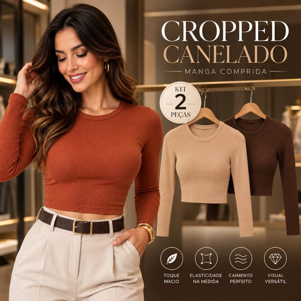 Kit 2 Cropped Feminino Ribana Manga Longa Gola Redonda Canelado Justo Blusa Básica Premium