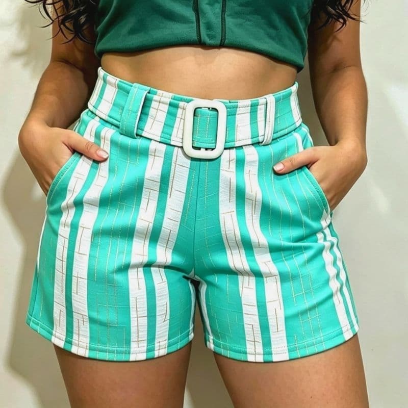 Short Feminino Listrado Com Cinto - Shortinho Malha Crepe - Bermuda Confortável Verão 2026