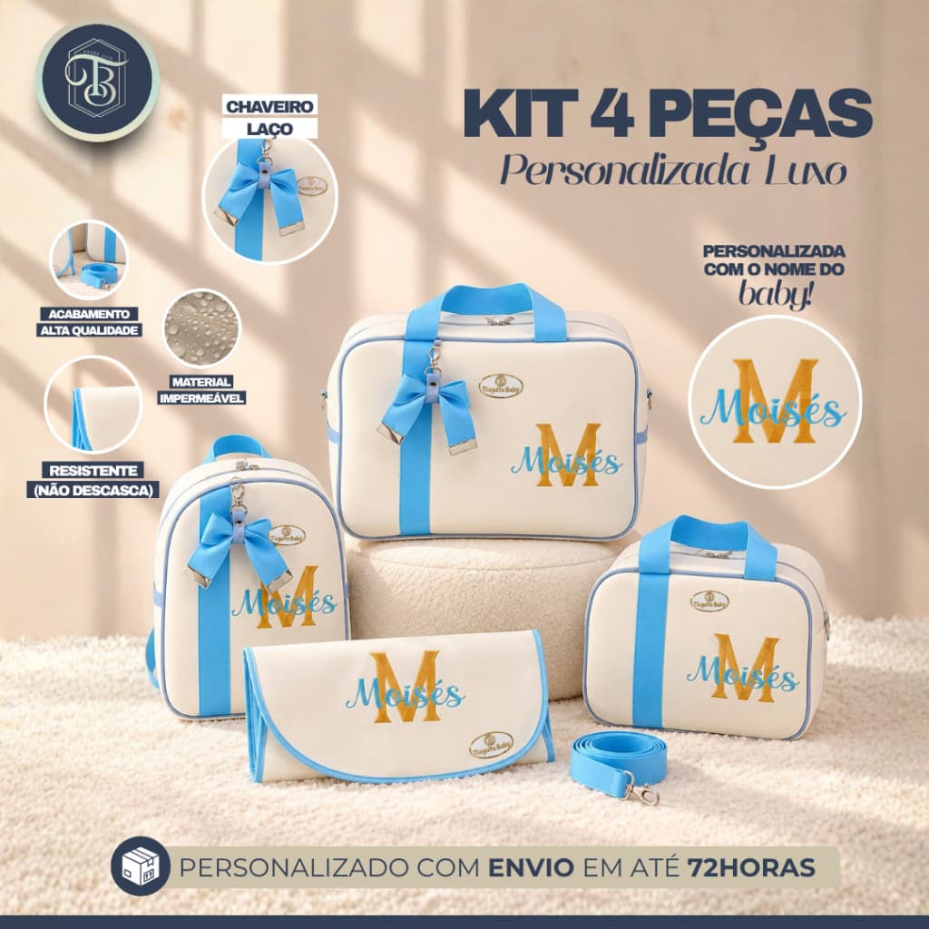 KIT BOLSA MATERNIDADE LUXO PERSONALIZADO 4 PEÇAS (AZUL)